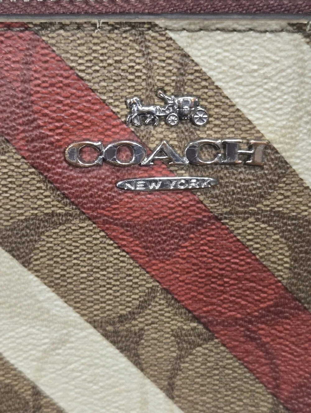 Coach Signature Stripe Zip Wallet Wristlet Brown Red Cream C1715